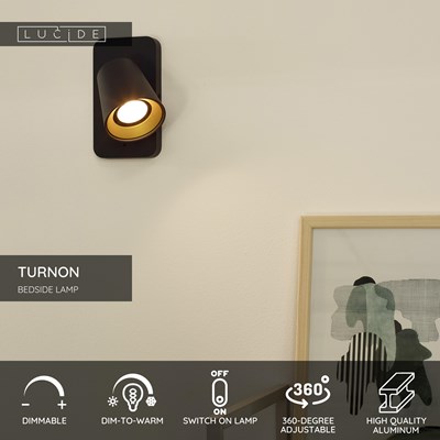 Lucide TURNON - Bedside lamp / Wall light - LED Dim to warm - GU10 - 1x5W 2200K/3000K - Black